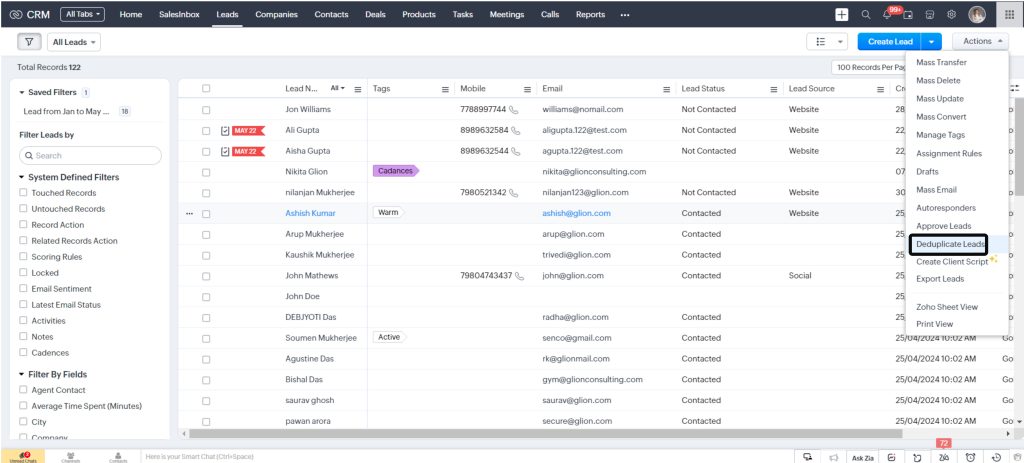 Deduplicate in zoho crm