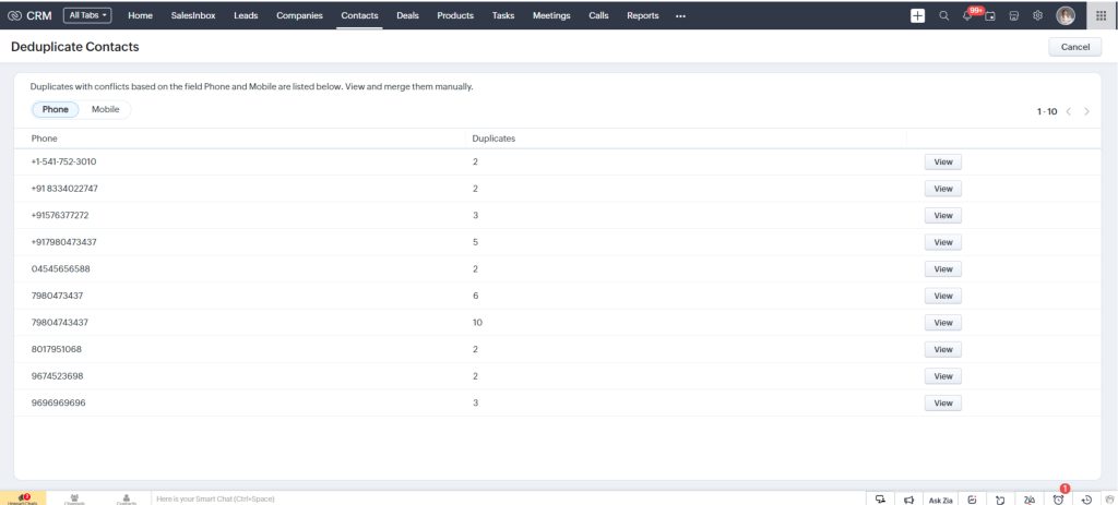 Duplicate records found in Zoho CRM