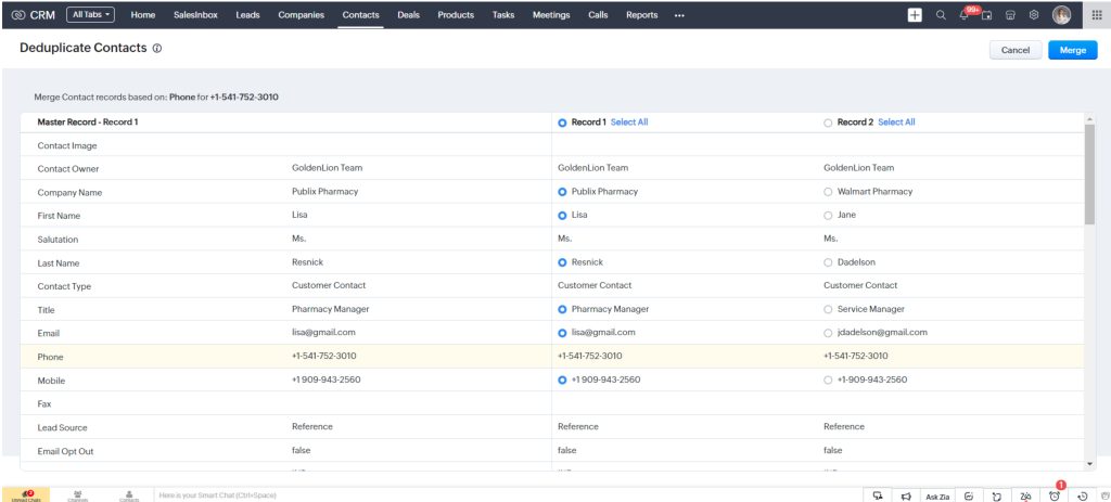 Merge Duplicate Records in Zoho CRM