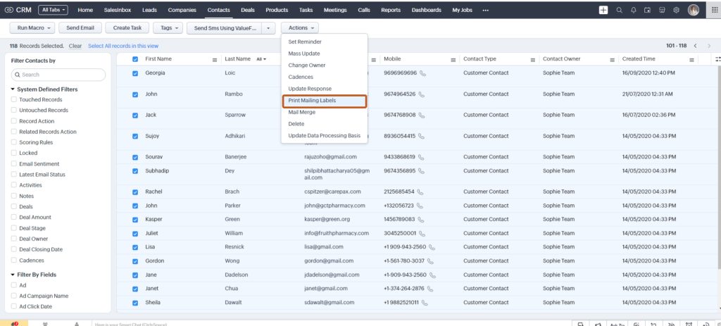 Print Mailing labels in Zoho CRM