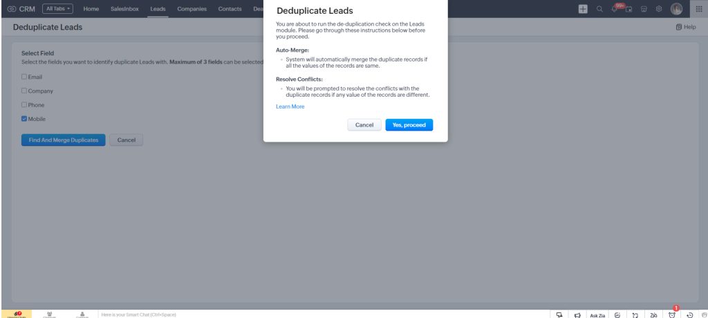 Confirm Deduplicate function in zoho crm