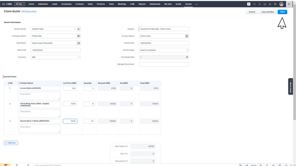 Save changes in Zoho crm