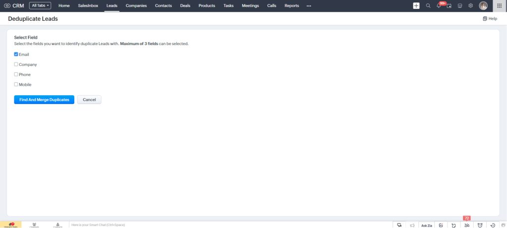 Select field to deduplicate in zoho crm