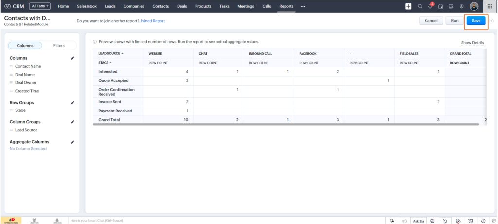 Zoho CRM Column Groups