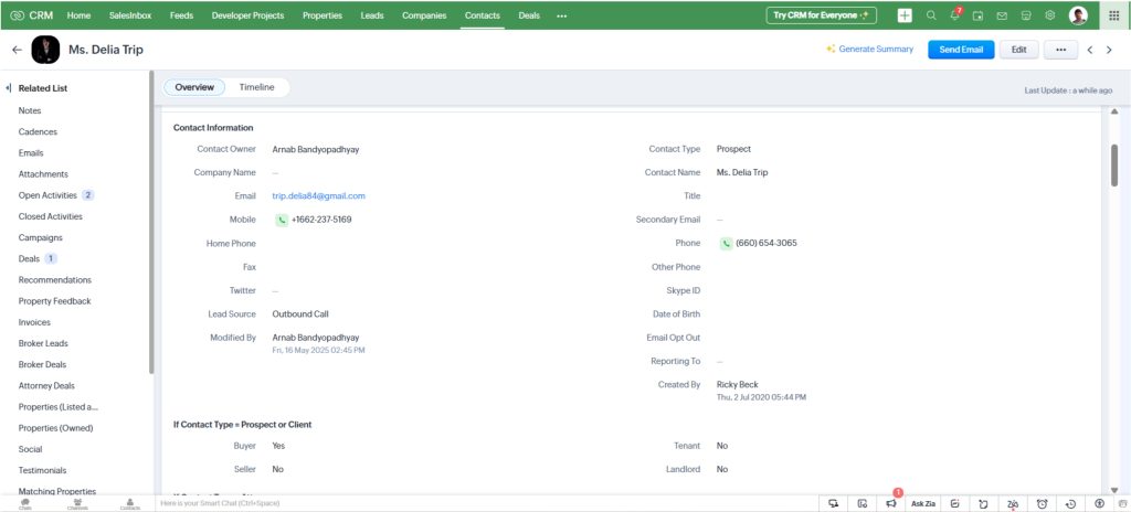 Contacts Module in Zoho CRM