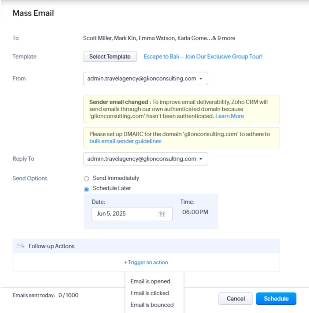 Schedule Mass email in Zoho CRM