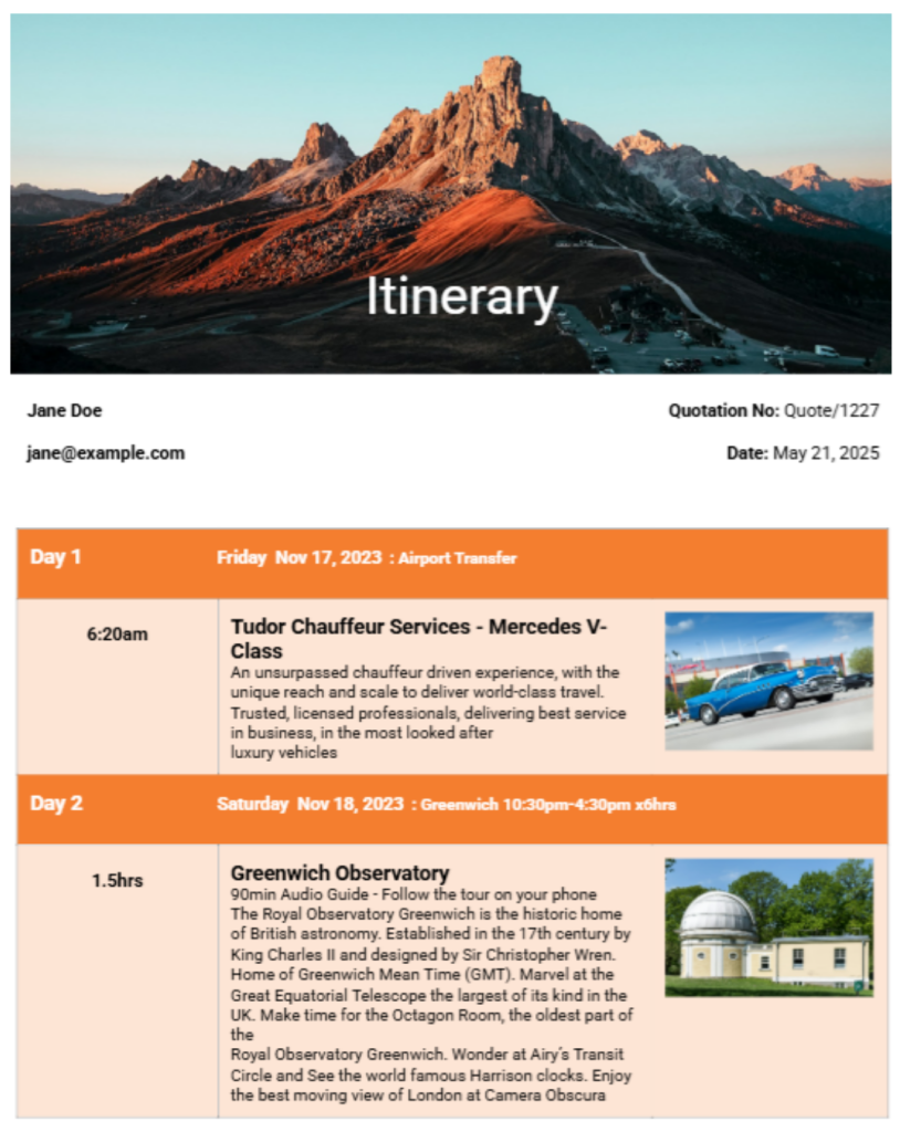 Travel Itinerary Template in Zoho CRM