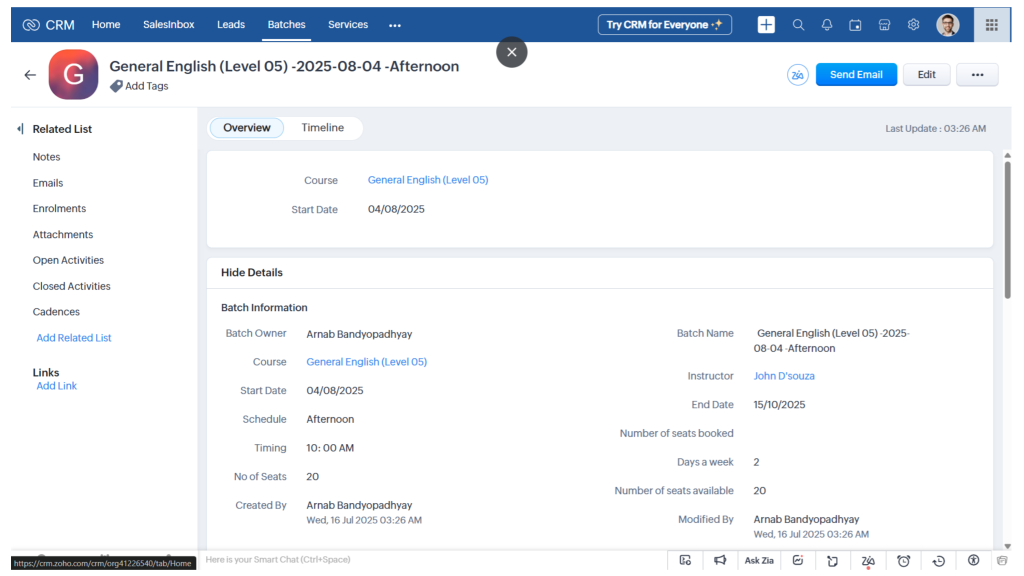 Batches in Zoho Training Provider CRM