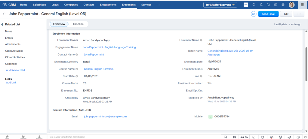 Enrollments in Zoho Training Provider CRM