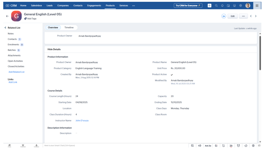 Products Module in Zoho Training Provider CRM