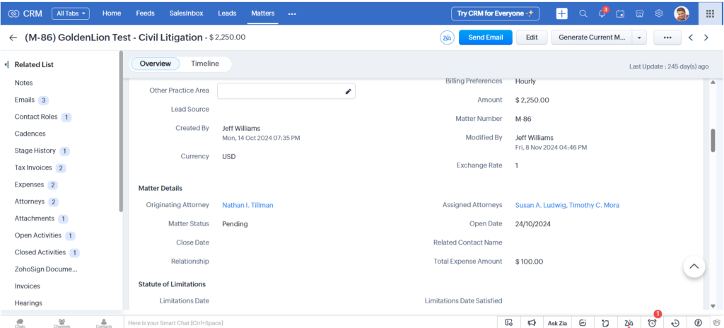 Zoho Law Firm CRM