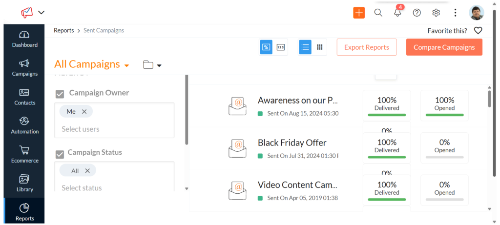 Track email marketing performace in zoho
