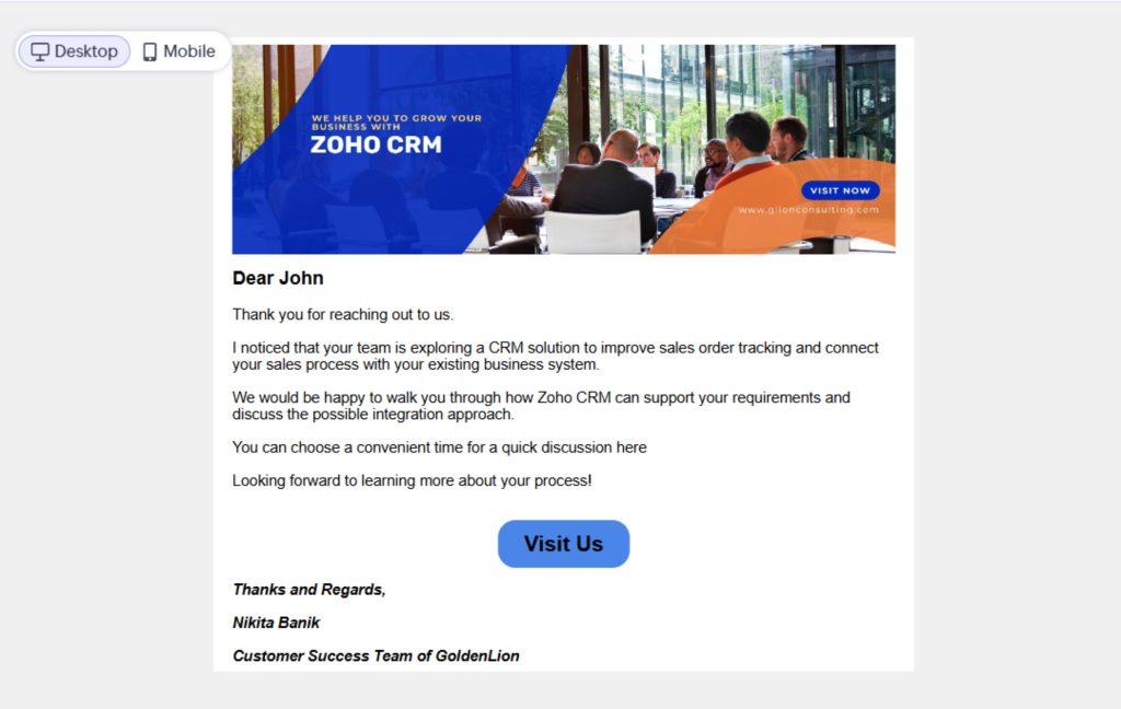 Automated email in zoho crm